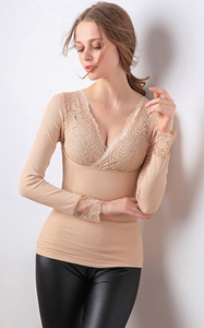 SZ60048-2 Lace V-neck double-layer thermal underwear long-sleeved  underwear set